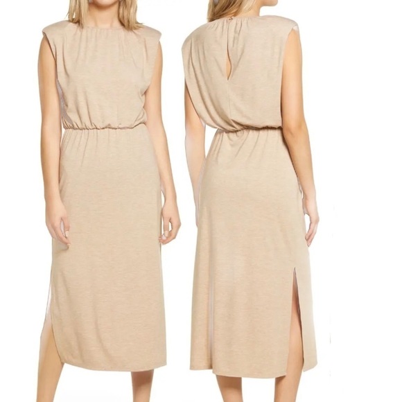 Wayf Padded Shoulder camel Tan Short Sleeve Midi Dress size small - Picture 1 of 11